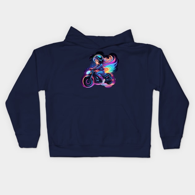 Chibi Biker style woman riding a motorcycle Kids Hoodie by Whisky1111